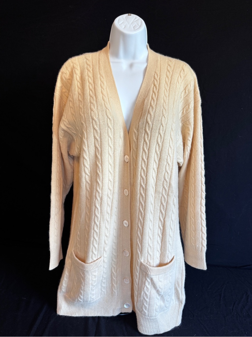 Neiman Marcus Cream Cable-Knit Long Button Cardigan